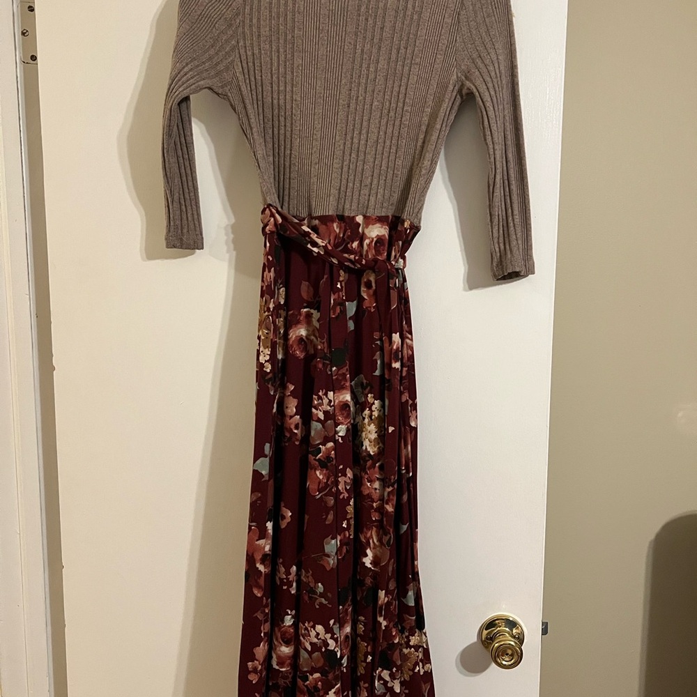 Brown Ribbed Top with Floral Skirt Dress